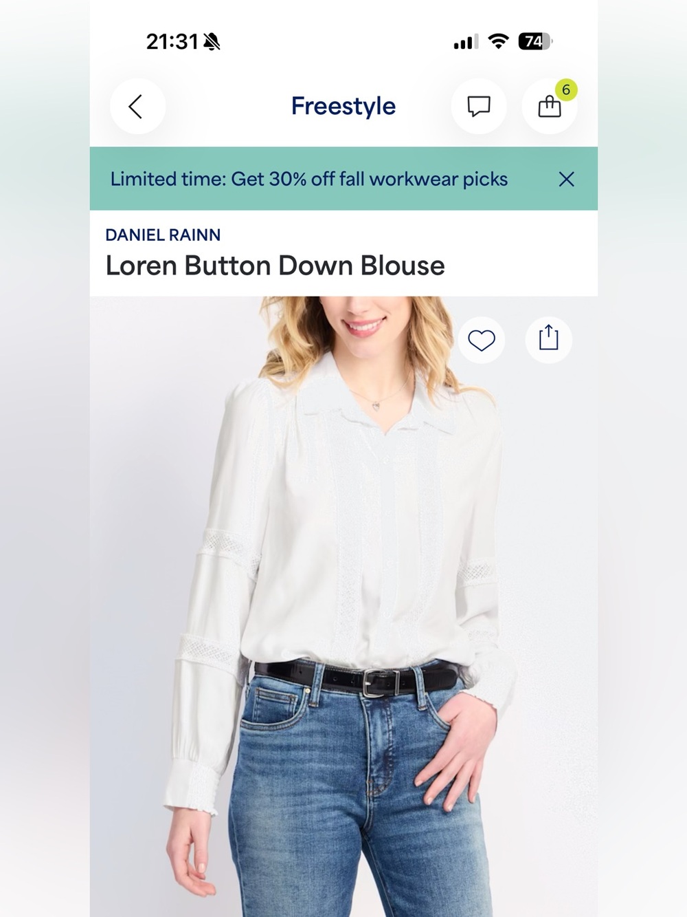 NWOT Daniel Rainn Loren Button Down Blouse Feminine White Medium